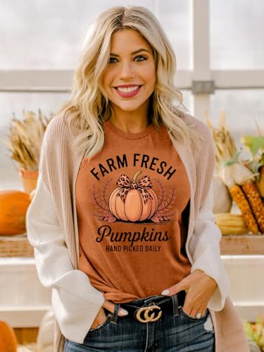 Women Farm Fresh Pumpkins Shirt: Cute Fall Pumpkin T Shirt Farmers Market Thanksgiving Tee Top4
