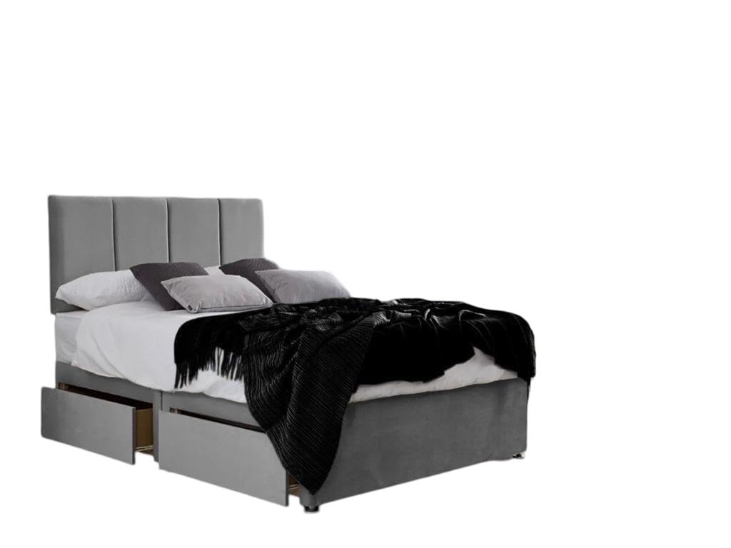 Hf4you Elise Plush Divan Bed Set + 2 Drawers Same Side + 24" Matching Headboard (Black Plush Velvet, 4ft Small Double (120 x 190 cm))