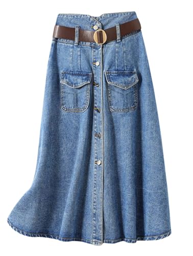 loveimgs Women Western Midi Denim Skirt High Waisted Mid Long Jean Skirt Y2k Button Up Flowy A Line Skirt Pocket Belt