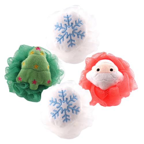 BELLIFFY 4 Piezas Bolas de Baño Navidad para Exfoliante Corporal Suave y Creativo Esponjas de Ducha Prácticas con Diseño Santa Claus y Árbol Limpieza Profunda y Masaje
