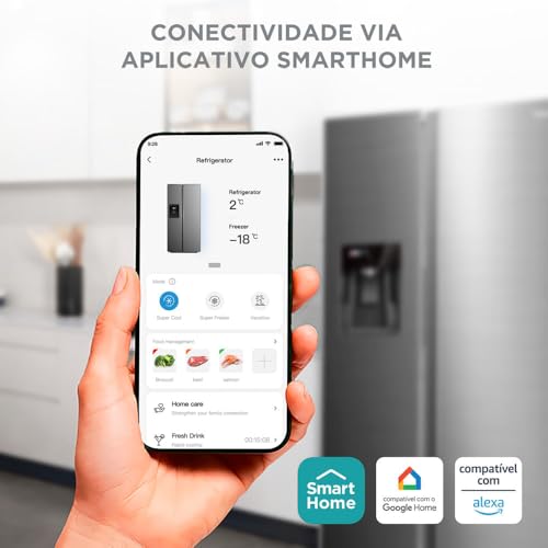 Geladeira Side by Side 570L Dispenser Água e Gelo Inverter cor Inox Midea