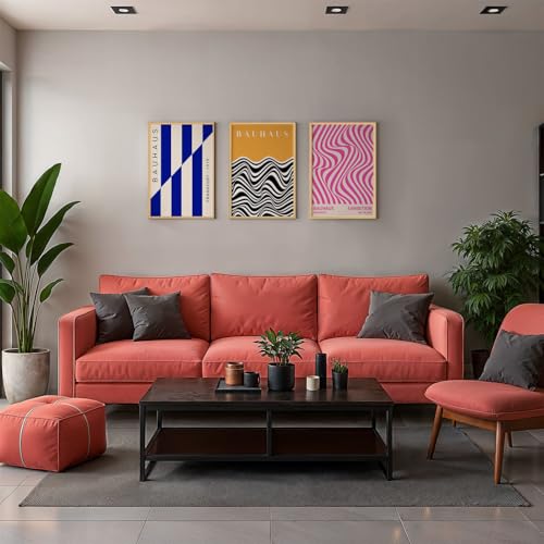 Image of SoulAbiti Geometric Shapes Series set of 3 Framed Wall Print 12x18 inch Light Brown Frame Plexi-Glass Bauhaus Art ready to hang for living room bedroom office decor
