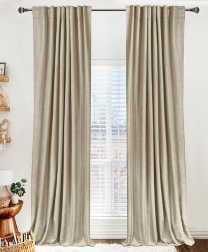 100% Blackout Shield Linen Blackout Curtains for Bedroom 84 Inches Long, Back Tab/Rod Pocket Living Room Drapes, Thermal Insulated Blackout Curtains 2 Panels Set, 50' W x 84' L, Oatmeal