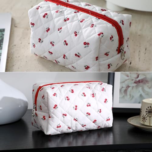 Cherry Makeup Bag, Travel Cosmetic Bag for Women Girls, Cotton Quilted Zipper Make up Pouch Cherrys Portable Storage Cherry Bags Aesthetic Cute Makeup Bags Coquette for Travel Toiletry Organizer4