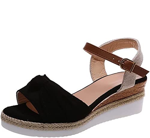 OMIREL Women's Platform Sandals Open Toe Ankle Strap Sandals Shoes Open Toe Buckle Wedge Sandals Espadrille Wedge Sandal Bow Top Outdoor Roman Slippers Casual Beach Walking Shoes,Black,US11/EU422