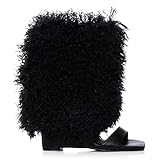 DETOGNI Women's Black Plush Faux Fur Wedge High Heel Open Square Toe Bootie Sandal (BLACK US10)