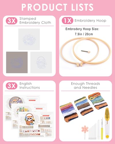 Image of TINDTOP 3 Pack Embroidery Kit for Adult Beginners, Embroidery DIY Starter Kit, with Raccoon Stamped Patterns, Hoop, Tools, Colorful Threads with Needles, Instructions