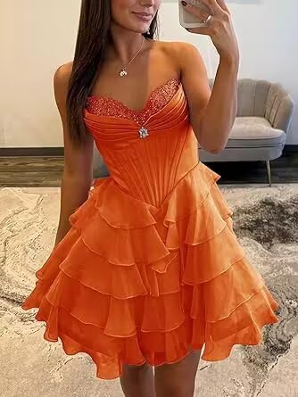 Strapless A-line Chiffon Homecoming Dresses Tiered Ruffle Prom Party Dress Cheap Applique Evening Gown3