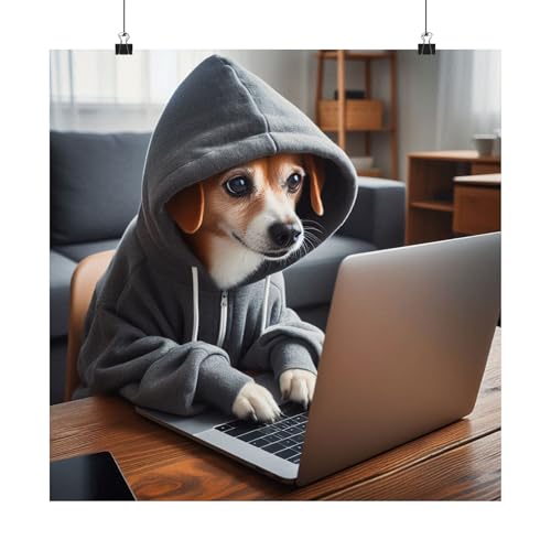 Dog in a Hoodie Using a Laptop Like It's Coding an App Matte Poster - Made in USA - 18x18 Inch