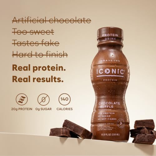 Image of Iconic Protein Drinks, Chocolate Truffle (12 Pack) - Sugar Free & Low Carb - 20g Grass Fed Protein - Lactose Free, Gluten Free, Non-GMO, Kosher - Keto Friendly Protein Shakes