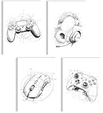 Quatre motifs harmonieusement coordonnés avec manette, casque, souris et manette de jeu au design croquis créent un ensemble moderne et apportent style technique et atmosphère de jeu à n'importe quel mur