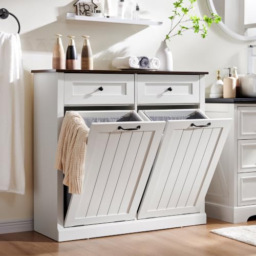 Image of IFGET Double Tilt Out Trash Cabinet, Wood Trash Can Cabinet, Antique White