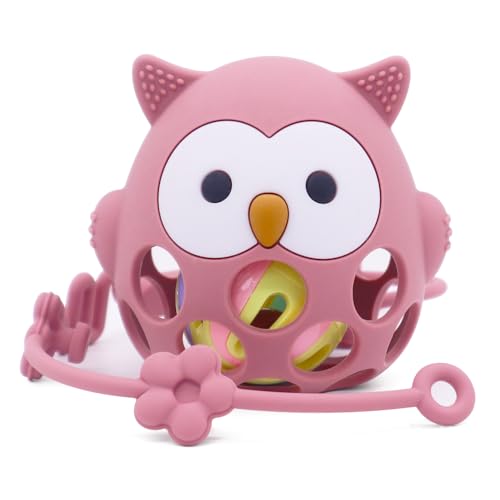 MÜVI - Mordedor bebé con sonajero – Juguete de dentición +3 meses – Silicona alimentaria, suave y sin BPA – Fácil de agarrar y morder – Alivio para encías – Baby teething toy, baby teether. (Rosa)