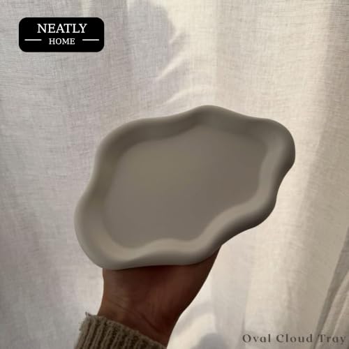 Image of Aesthetic Handmade Oval Cloud Trinket Tray Handmade | Jewelry Organizer | Vanity Tray for Women | Minimalist Home Decor, Candle Holder & Multipurpose - 24 x 16 cm