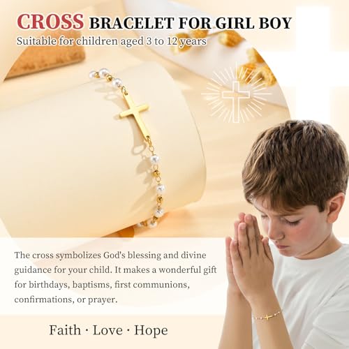 Baby Baptism Cross Bracelet Gift : 18k Gold Plated/Silver Delicate Pearl Cross Bracelets Kids Daughter Granddaughter Birthday First Communion Confirmation Gifts Christian Jewelry for Boys Girls4