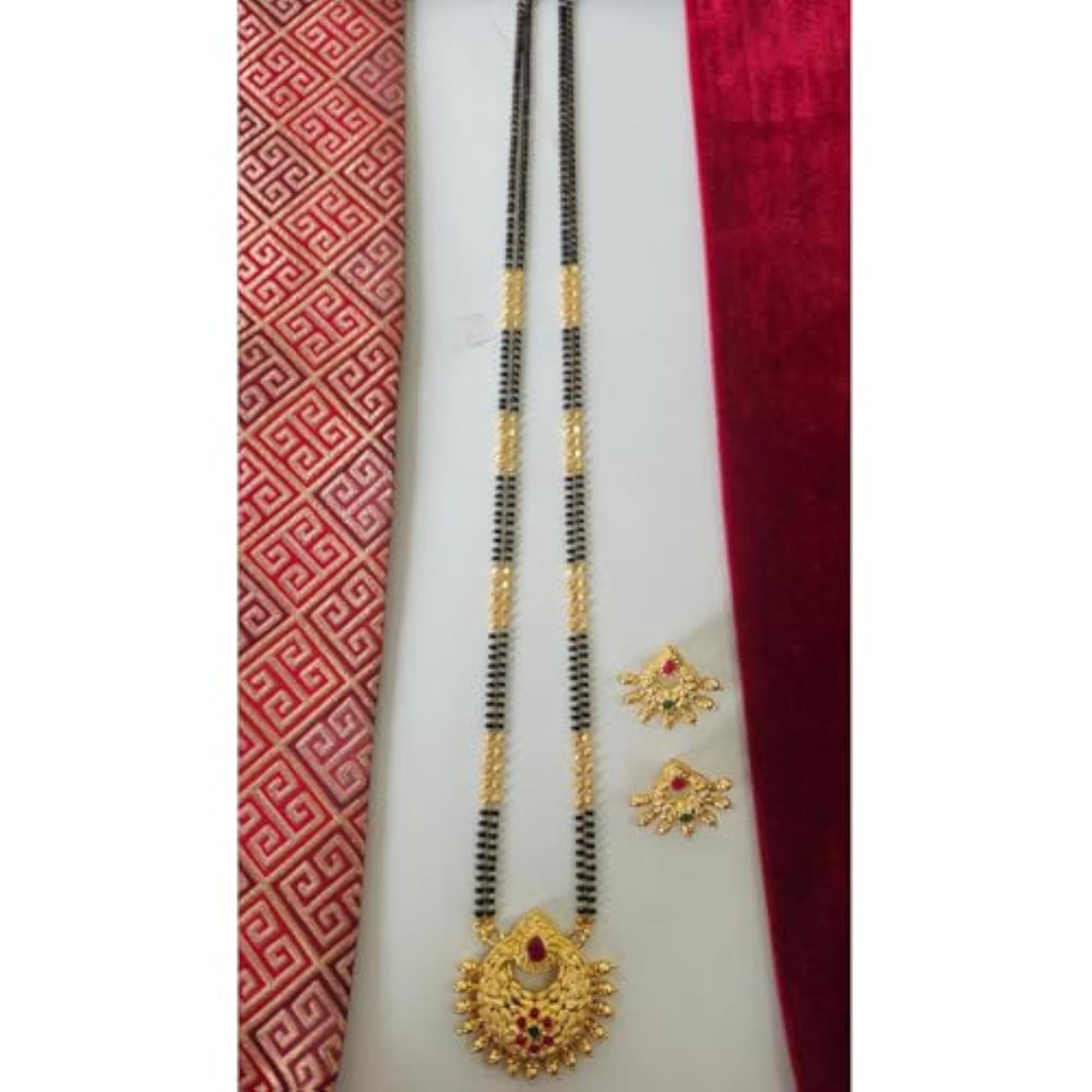 Maharashtrian 32 Inch Long Gold Plated Black and Golden Bead Mangalsutra Set