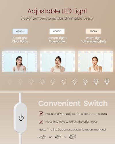 Image of VASAGLE Kailyn Collection - Vanity Desk with Tri-Fold Mirror, Makeup Table with 11 Bulbs, Power Outlets, 9 Drawers, 3 Colors, Tool-Free Drawer Slides Assembly, Cloud White URDT146WB03S