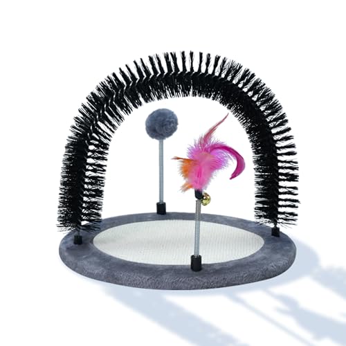 SMOUATOU Interactive Toy with Scratching Pads for Indoor Cats,Interactive Cat Toy with Feather Toys and Self-Grooming Brush,Interactive Cat Toy for Indoor Cats,Grey (Round)