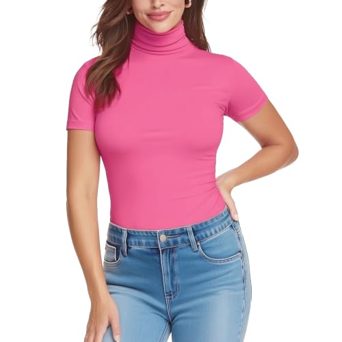 Zengjo Turtlenecks for Women Short Sleeve Fitted Shirt(Hot Pink,XL)