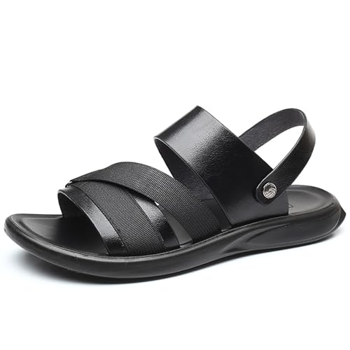 Men's Leather Casual Flat Sandals with Adjustable Dual-Purpose Strap Comfort Soft Bottom Open Toe Slip-On Slides Summer Anti-Slip Beach Sandals