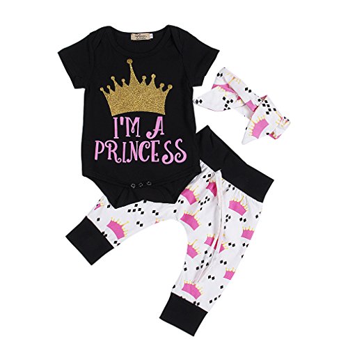 Newborn Baby Girls Princess Crown Print Rompers+Pants+Headband 3Pcs Outfits Set (12-18 Months, Black+White+Pink)
