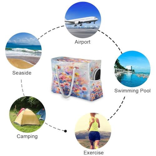 Colorful Watercolor Painting Beach Bag with Top Zipper Closure, Waterproof Pool Bag, Large Beach Tote for Women#2514
