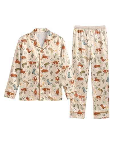 HUNTFAMI Giddy Up Cowgirl Satin Pajamas for Women Long Sleeve Western Print Sleepwear Set