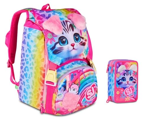 Zaino Scuola Sj Girl Cat & Air Gattino Tigrotto estensibile By Seven per elementare Bambina + Astuccio 3 piani + 7 penne a scatto e portachiave pailettes