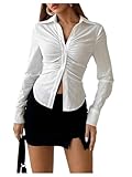 SOLY HUX Women's Button Down Ruched Blouse Long Sleeve Shirts Slim Fit Aesthetic Tops Solid White X-Small