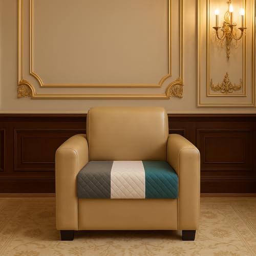 Image of Aqua Stripes Quilted Velvet Sofa Cover 1 Seater Soothing Aqua Palette - Durable Daily Use - Made in India - Premium Touch - Pet and Child Friendly - Indian Size Fit - Easy Maintenance