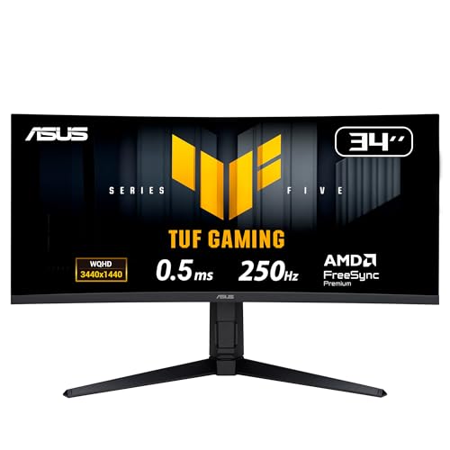 ASUS TUF Gaming VG34WQML5A 34 Zoll WQHD Monitor (Fast VA Panel, Curved, 250 Hz, 0,5 ms Reaktionszeit, 3440x1440, AMD FreeSync Premium, ELMB, DisplayHDR 400, Gaming AI, 2x DisplayPort 1.4, 2x HDMI 2.0)