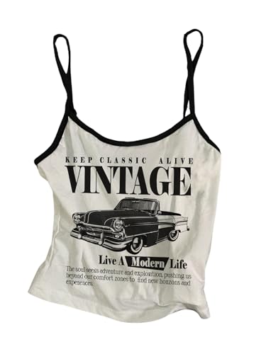 Women's Car Graphic Tank Tops Vintage Scoop Neck Spaghetti Strap Crop Camisole Top Summer Clothes