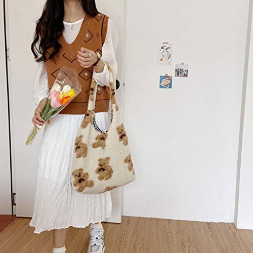 Bolso de hombro grande de peluche con oso para mujer miniatura 6