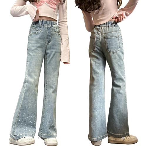 Tween Girls Flare Jeans-Elastic Waistband Bell Bottom Denim Pants with Pockets, Casual Rhinestone Jeans for Girls
