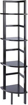 Pemberly Row Corner Solid Wood Bakers Rack, Coffee Finish, 4-Shelf Storage, 63.58" H x 13.86" W x 13.86" D, Space-Saving Transitional Design for Kitchen, Living Room, Dining Room, or Bathroom Use