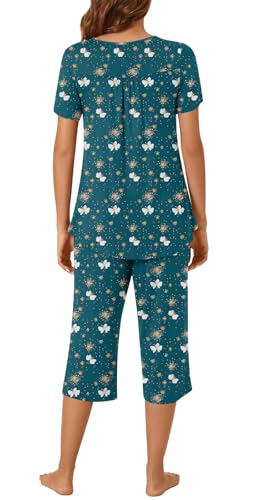 Image of Womens Summer Pajama Sets 2 Piece Short Sleeve Top and Capri Pants Plus Size Ladies Lounge Pjs Sets with Pockets