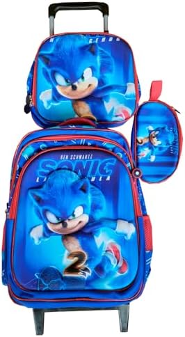 Kit Mochila Infantil Sonic com Rodinhas + Lancheira Térmica + Est...