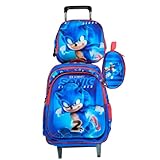 Kit Mochila Infantil Sonic com Rodinhas + Lancheira Térmica + Estojo Escolar em 3D