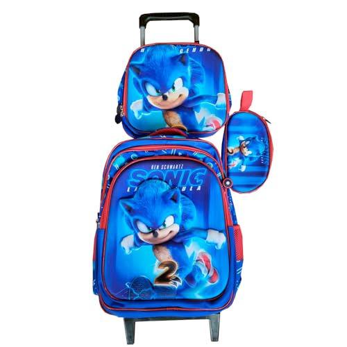 Kit Mochila Infantil Sonic com Rodinhas + Lancheira Térmica + Estojo Escolar em 3D