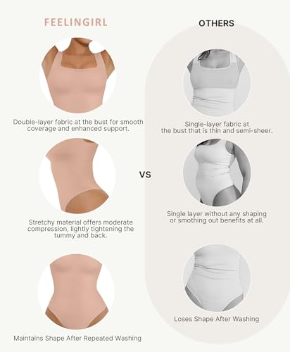 Image of FeelinGirl Bodysuits for Women Seamless Square Neck Tummy Control Compression Thong Shapewear Bodysuit Tank Tops Bodysuit