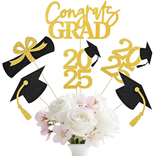 16 Pcs Graduation Decorations Class of 2025, Black & Gold Double-Sided Graduation Centerpieces, Graduations Party Centerpieces, Graduation Party Decorations for Table Toppers
