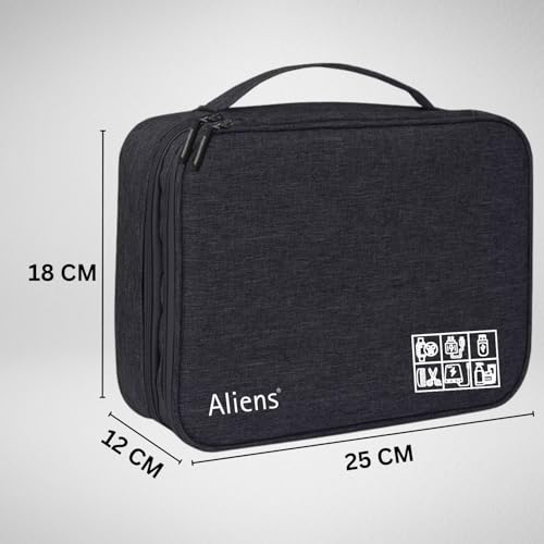 Image of Aliens Double Layer Gadget Travel Tech Organizer Case Bag Pouch /Electronic /Toiletry Organiser /Cosmetic Kit Polyester Water-Proof for Ipad,Charger,Hard Disk,Cables,Laptop & PC Accessories-Black