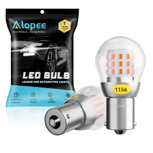 Alopee 1156 LED Bulb Amber 10-30V DC 1156 Bulb Replacement for 1141 1003 7506 P21W Blinker Light, Turn Signal Bulb 3014 Chips, Non Polarity, Pack of 2