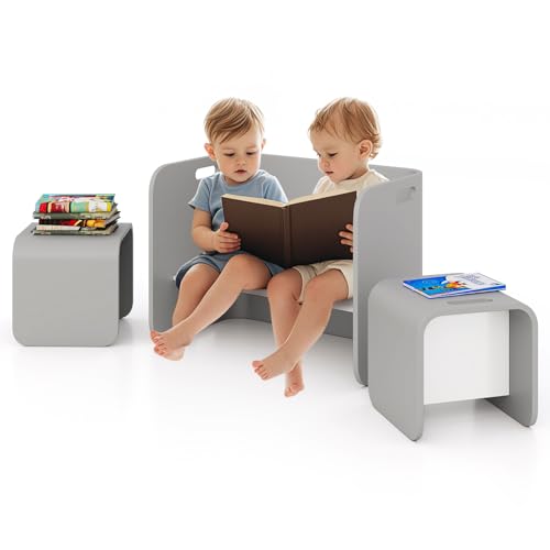 RELAX4LIFE 4 en 1 Mesa y Silla Infantil de Madera de Abedul con Diseño Compacto, Mesa/Escritorio/Banco con Respaldo/Mesita Auxiliar, Mesa Infantil con 2 Sillas (Gris)