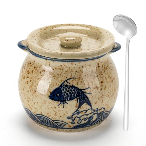 TuYines Zuccheriera in ceramica, con coperchio e cucchiaio, 300 ml, in ceramica, con coperchio per zucchero, sale, formaggio, spezie