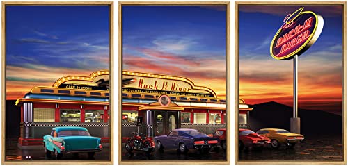 wall26 Framed Canvas Print Wall Art Set Vintage 1950s Style American Diner at Sunset Food Cultural Photography Modern Art Chic Scenic Ultra for Living Room, Bedroom, Office - 16"x24"x3 Natural