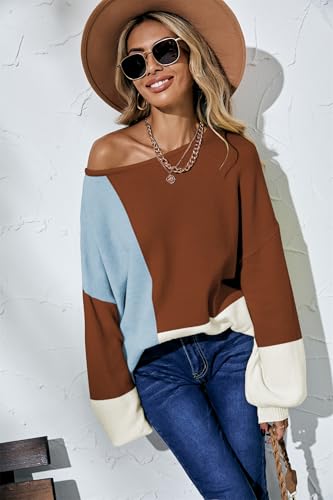 Image of ECOWISH Women Sweater Long Sleeve Color Block Knit Pullover Sweaters Crew Neck Patchwork Casual Loose Jumper Tops