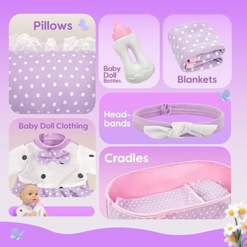 SMILESSKIDDO Baby Doll with Accessories, 12\" Dolls Playset with Washable Carrier Bassinet Bed, Bottle, Blanket, and Pillow, Soft Body Baby Dolls for 2 Year Old Girls