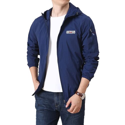 Mens Lightweight Windbreaker Softshell Jacket Sun Protection Thin Long Sleeve Coat Full-Zip Hooded Outdoor Hiking Travel Casual Jacket (AU, Alpha, X-Large, Regular, Regular, Dark Blue)