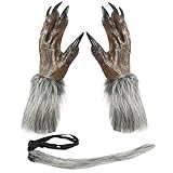 SULUBER Werewolf Hand Costume Gloves and Tail, Grey wolf claws for adult Adjustable Tail Size, Natural Latex Material, Suitable for Big Bad Wolfs Costumes Halloween Horror Cosplay
